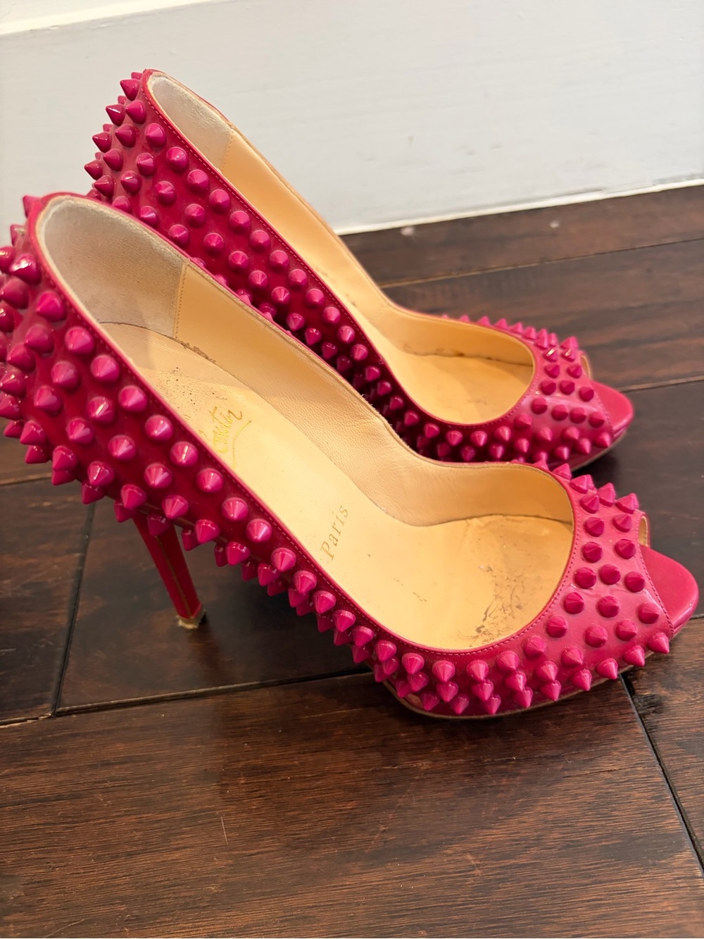 Christian Louboutin Hot Pink Spiked Peep-Toe Pumps - Picture 3 of 5